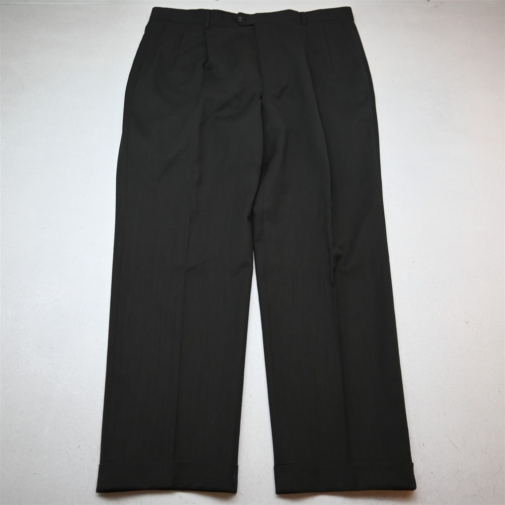 Vtg Y2K 2000s 40x32 Green 100% Wool Pleated Cuffed Classic Dress Mens Pants